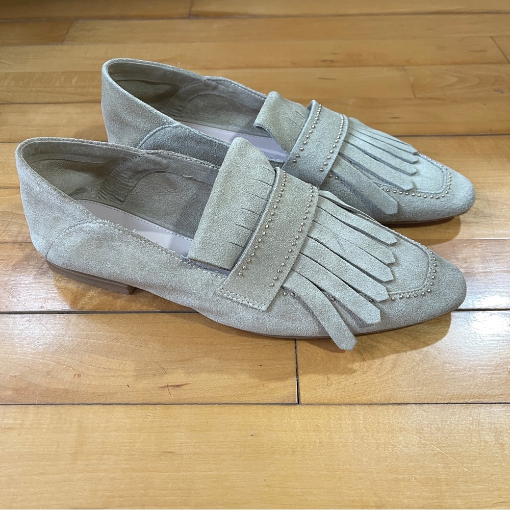 ZARA Beige Studded Suede Leather Pointy Toe Fringe Loafers